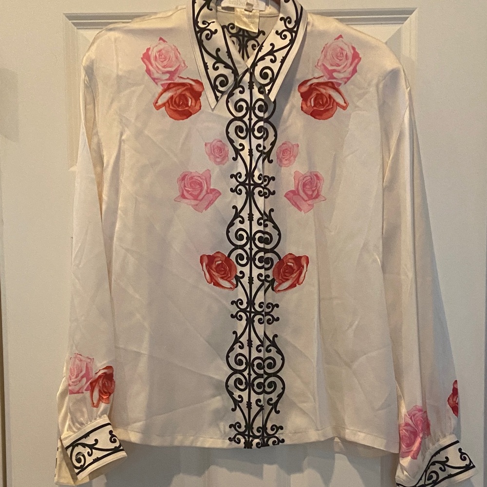 Escada Silk Cream Button Down blouse with Floral pattern